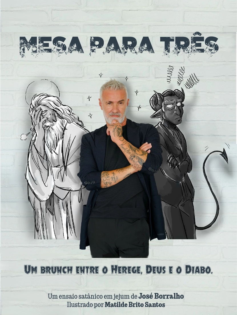capa do livro mesa para 3 de josé borralho, onde tem a foto de José borralho e a caricatura de Herege e o Diabo.